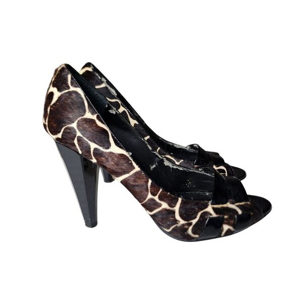 Nine West Giraffe Print Peep Toe Heeled Pumps Brown Cream Women's 5.5 - Picture 1 of 15